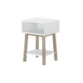 Modern white nightstand with open shelf and wooden legs for bedroom furniture.