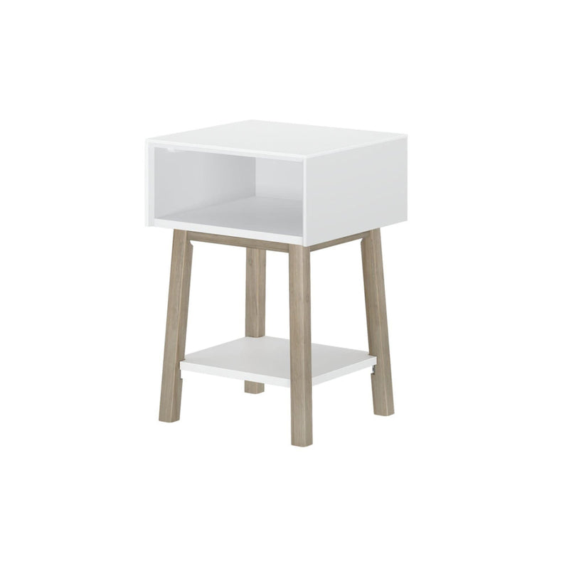 Modern white nightstand with open shelf and wooden legs for bedroom furniture.