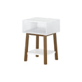 Modern white and wooden nightstand with open storage shelf.