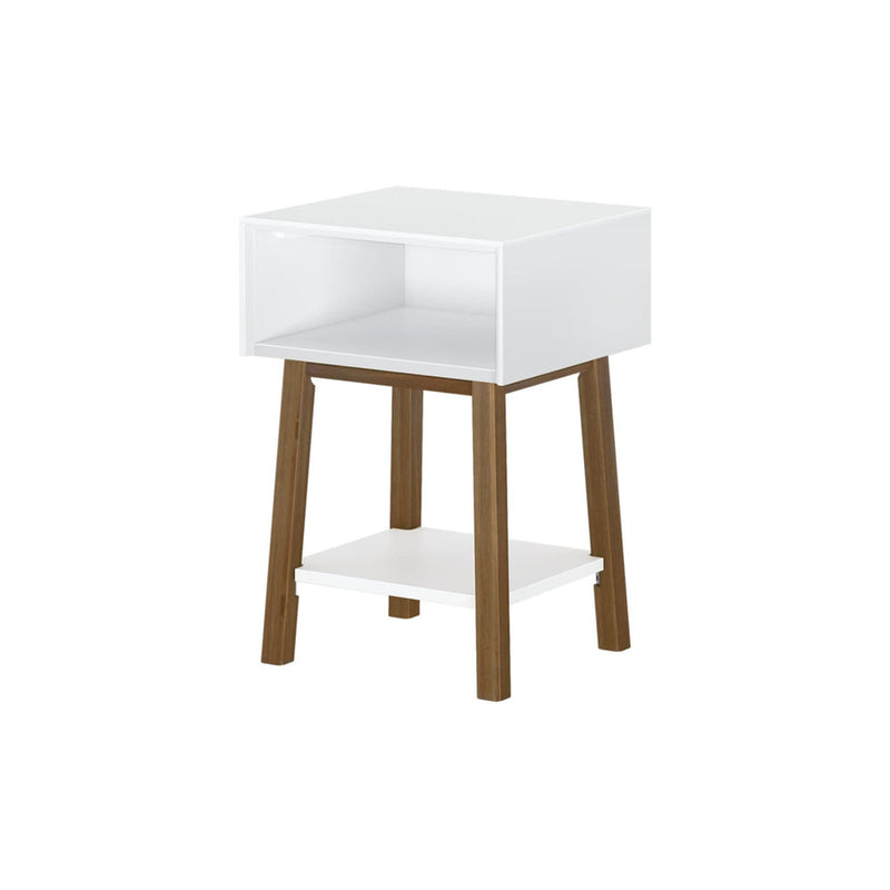 Modern white and wooden nightstand with open storage shelf.