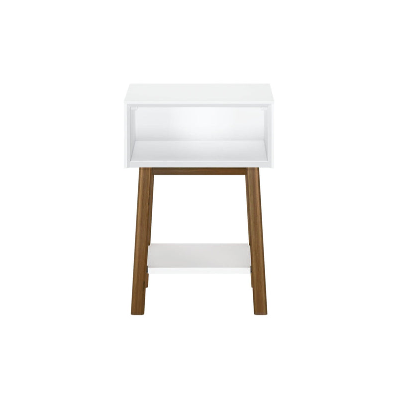 Modern white and wood nightstand with open storage shelf.