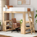 Light-wood loft bed with built-in desk and shelves, ladder, brown leather swivel chair, desk lamp and potted plant, modern small-space bedroom office