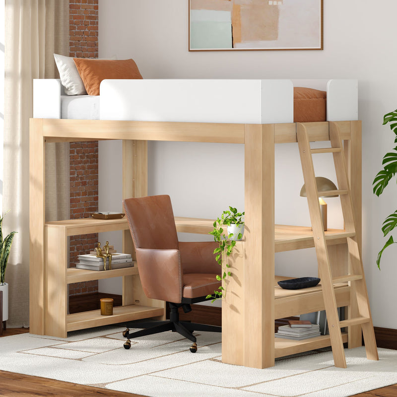 Light-wood loft bed with built-in desk and shelves, ladder, brown leather swivel chair, desk lamp and potted plant, modern small-space bedroom office