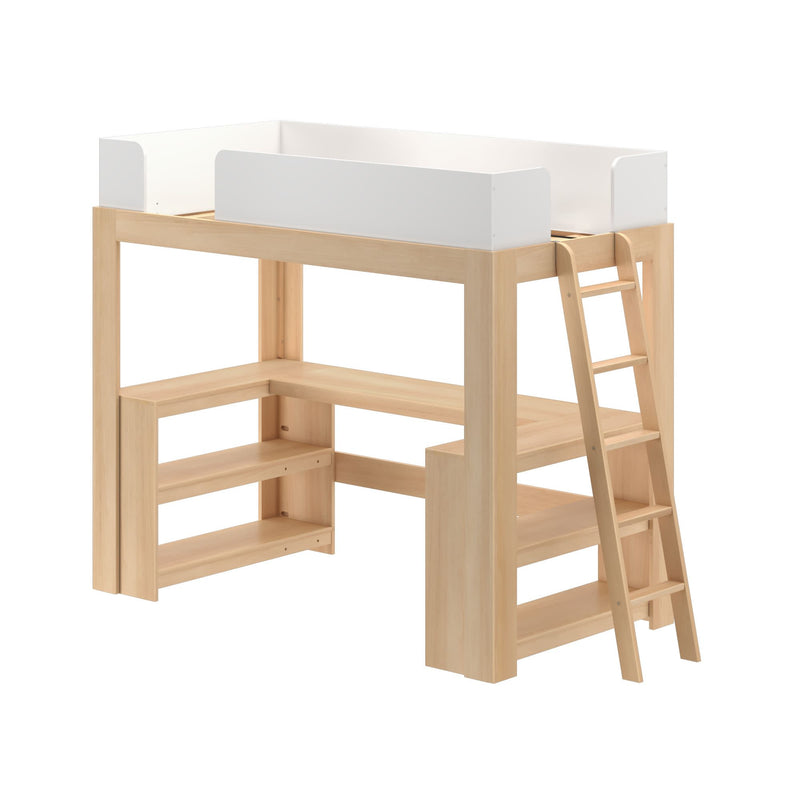 Scandinavian-style light wood loft bed with white guardrail, ladder, integrated corner desk and open shelving — space-saving kids' study loft.