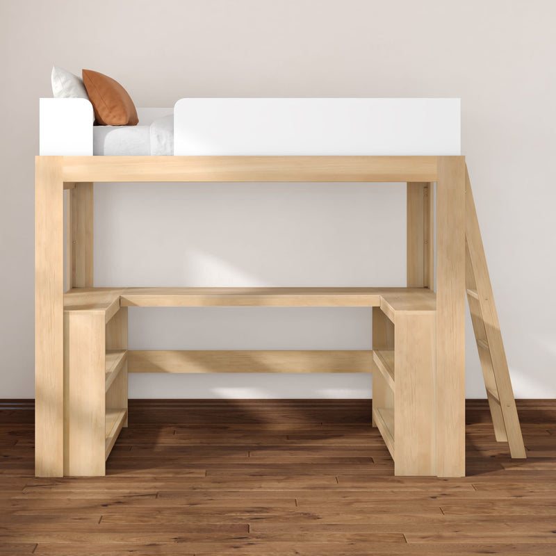 Light oak wooden loft bed with built-in desk and shelving, right-side ladder and white guardrail, space-saving modern kids' bedroom furniture