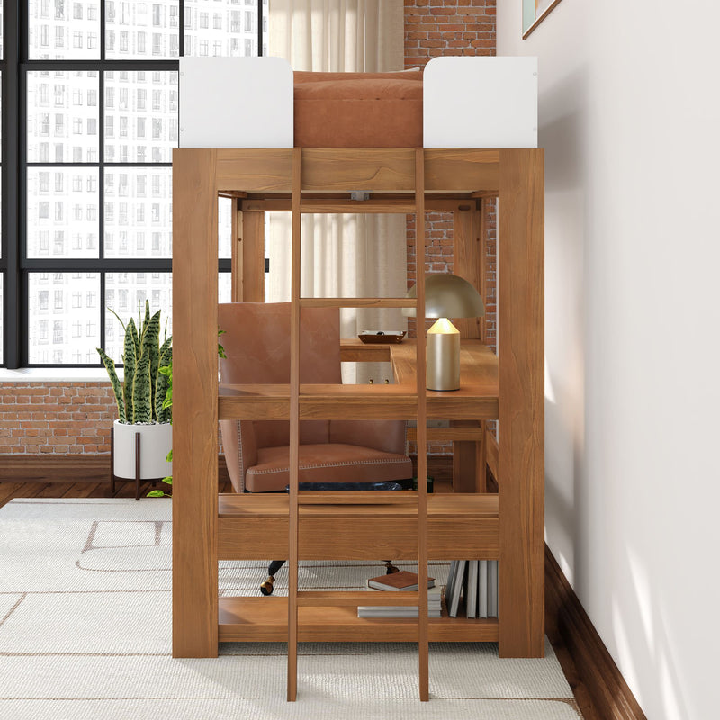 Space-saving wooden loft bed with built-in desk and leather office chair, home office setup in modern industrial loft with exposed brick wall, large windows, potted snake plant and desk lamp