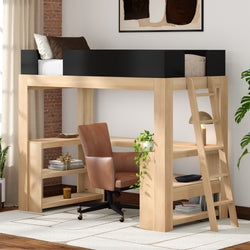 Space-saving wooden loft bed with built-in desk and shelving, light natural finish, black safety rail and ladder, brown leather office chair and potted plant