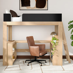 Minimalist natural wood loft bed with integrated desk, brown leather swivel office chair, brass desk lamp and trailing pothos plant in a modern home office