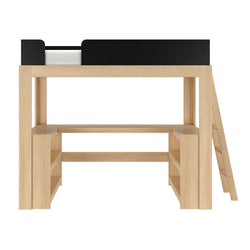 Natural wood loft bed with integrated desk, open storage shelves, ladder and black safety guardrail