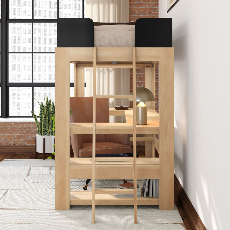 Wooden loft bed with built-in desk and ladder in industrial apartment, leather office chair, brass desk lamp, potted snake plant and exposed brick wall
