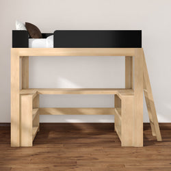 Light wood twin loft bed with black guardrail, built-in desk and shelves, ladder and under-desk storage — modern space-saving bedroom furniture design