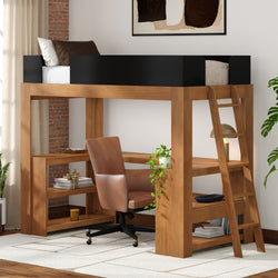 Solid wood loft bed with built-in desk, ladder and shelves, brown leather office chair and plant in a modern small-space home office