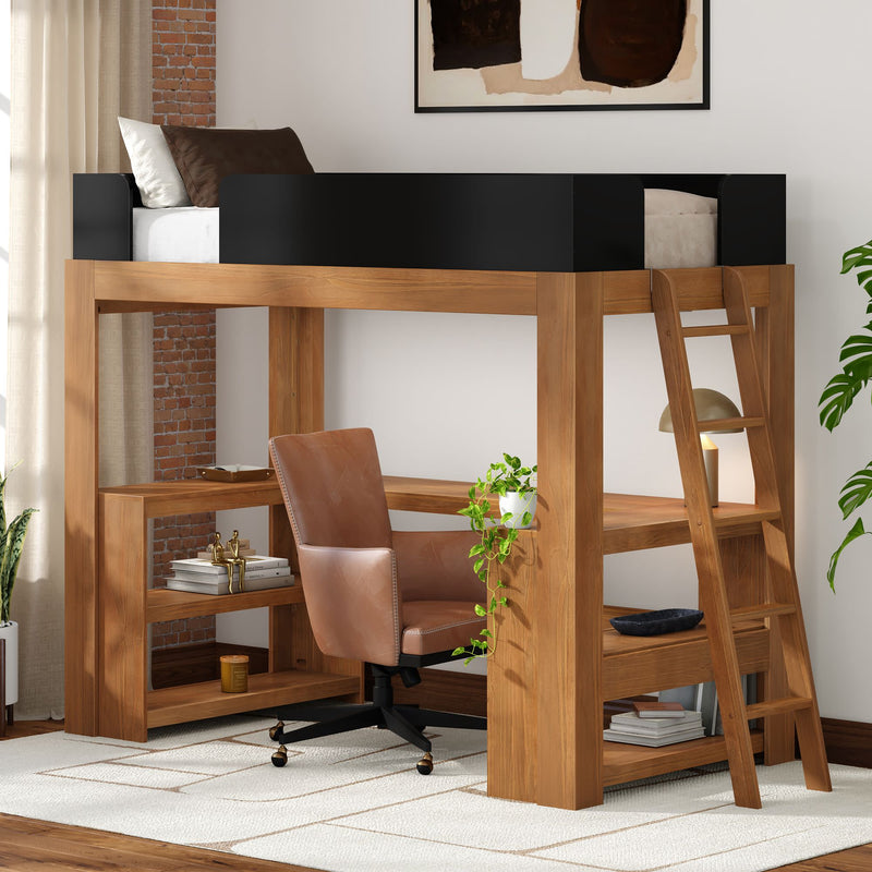 Solid wood loft bed with built-in desk, ladder and shelves, brown leather office chair and plant in a modern small-space home office