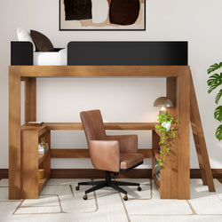 Modern wooden loft bed with built-in desk and shelving, leather swivel office chair, table lamp and trailing potted plant in a neutral bedroom workspace