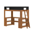 Brown wood twin loft bed with integrated L-shaped desk, open shelves and ladder, black safety rail — space-saving kids and teens bedroom furniture