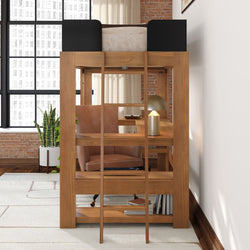 Modern solid-wood loft bed with built-in desk, leather swivel chair, brass desk lamp and ladder in industrial loft apartment with exposed brick and large window