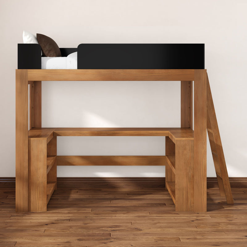 Solid wood loft bed with integrated desk, shelving and ladder — space-saving modern kids' bedroom furniture in a natural wood finish