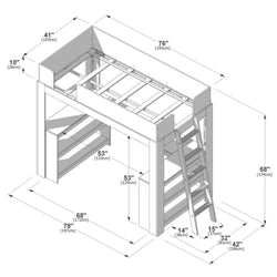 Loft bed assembly diagram with dimensions in inches and centimeters showing twin loft frame, ladder, guardrails, slats and built-in shelving/storage for space‑saving bedroom layout
