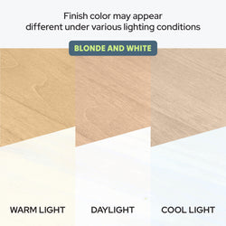 Blonde and white finish color comparison for wood grain under different lighting conditions — warm light, daylight, and cool light