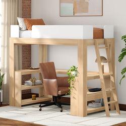 Natural wood loft bed with built-in desk, ladder, shelving and brown leather swivel chair — space-saving study workspace with plants in a modern bedroom