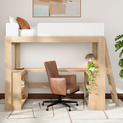 Modern light-wood loft bed with built-in desk, brown leather swivel chair, ladder, trailing potted plant and brass desk lamp in minimalist bedroom workspace