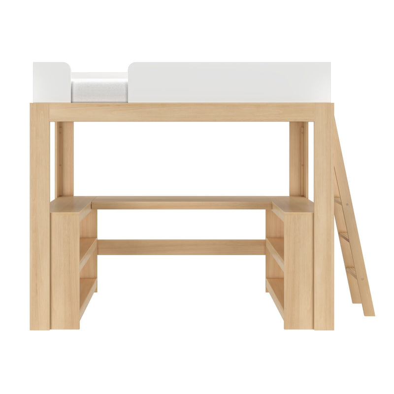 Natural light wood loft bed with white guardrail, built-in desk, storage shelves and ladder — space-saving kids bedroom furniture