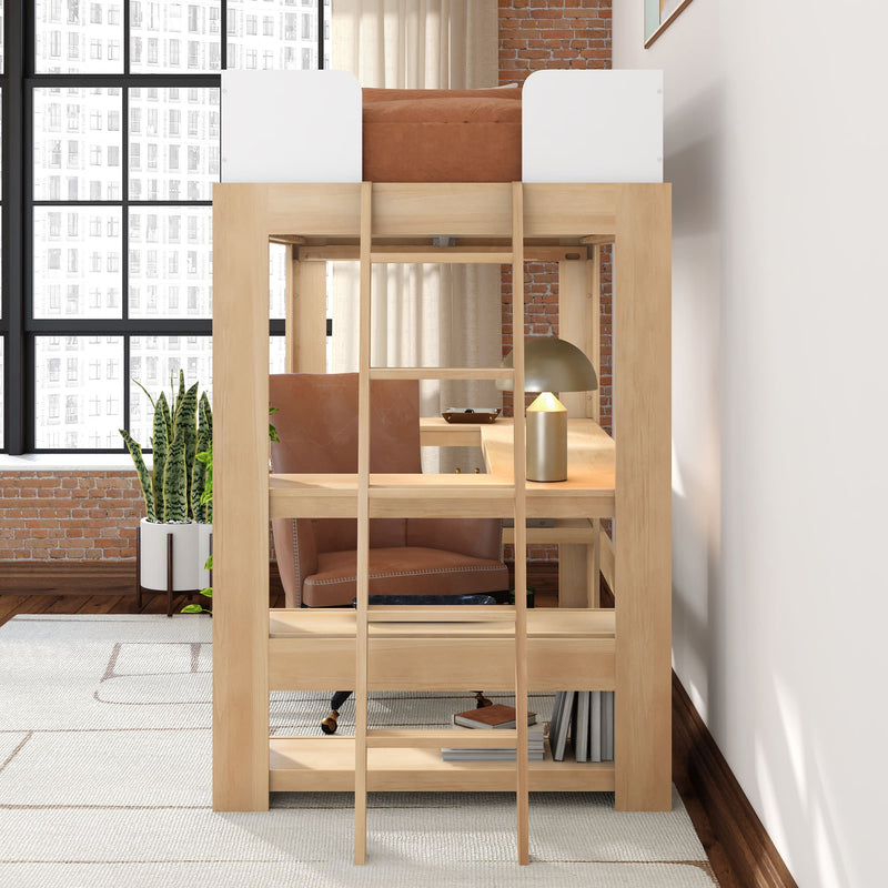 Wooden loft bed with built-in desk and ladder, leather office chair, gold desk lamp and potted snake plant in modern industrial apartment bedroom office