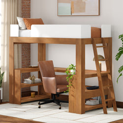 Loft bed with built-in desk and shelving — space-saving wooden loft bed with ladder, leather swivel chair, lamp and plants in a modern bedroom study nook