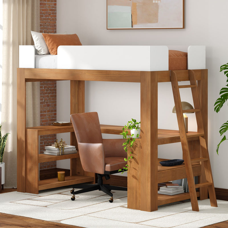 Loft bed with built-in desk and shelving — space-saving wooden loft bed with ladder, leather swivel chair, lamp and plants in a modern bedroom study nook