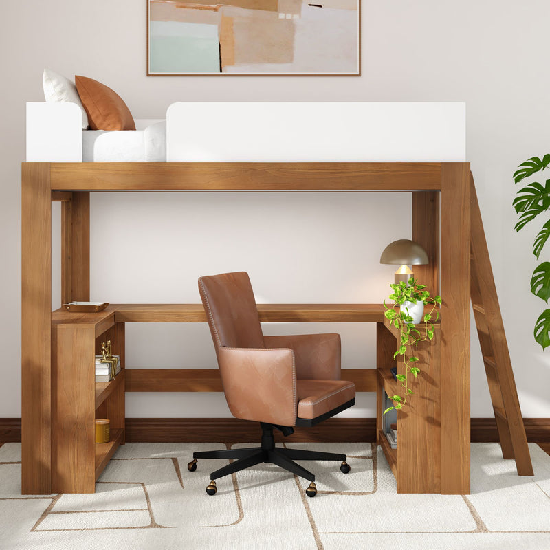 Modern wooden loft bed with built-in desk, brown leather swivel chair, table lamp and trailing plant — space-saving home office and bedroom setup