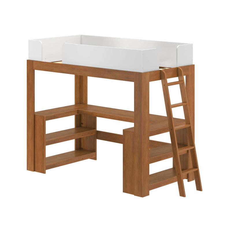 Space-saving natural wood loft bed with white guardrail, ladder, integrated corner desk and open shelving — kids' study and storage solution
