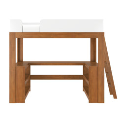 Space-saving natural wood loft bed with white guardrail, integrated desk and side storage shelves, right-side ladder and open workspace beneath