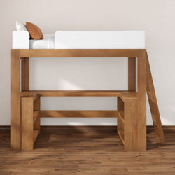 Minimalist natural wood loft bed with built-in desk, ladder and shelving, white guardrail and pillows on hardwood floor