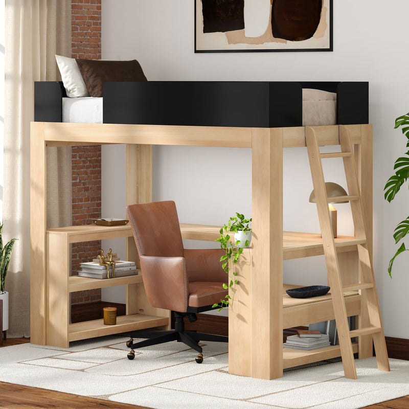 Wooden loft bed with integrated desk, shelving and ladder in a modern small-space home office setup with brown leather swivel chair, potted plant and lamp