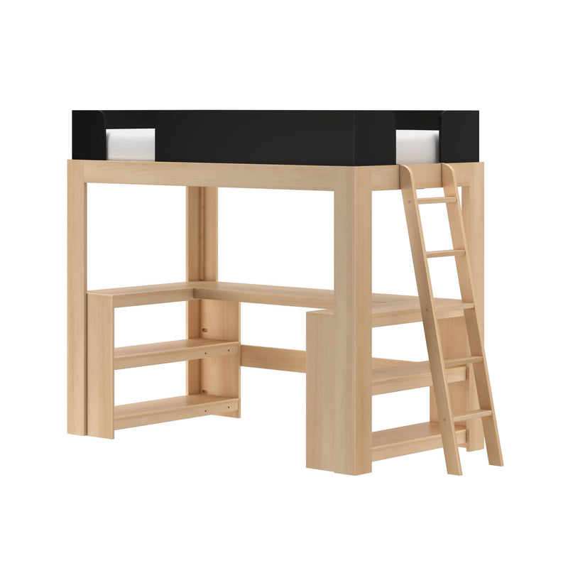 Light wood loft bed with black guardrail, built-in corner desk and shelves underneath and angled ladder — space-saving modern loft bed for small bedrooms