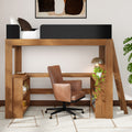 Modern wooden loft bed with built-in desk and shelving, brown leather swivel chair, ladder, table lamp and trailing potted plant in a minimalist home office