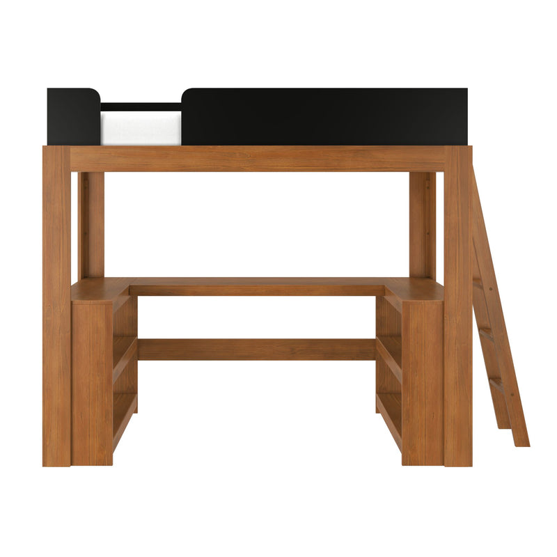 Space-saving wooden loft bed with built-in desk, open shelving and ladder in natural wood finish with black guardrail