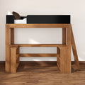 Minimalist solid wood loft bed with built-in desk, ladder and open shelving in natural oak finish for kids' bedroom or small-space studio