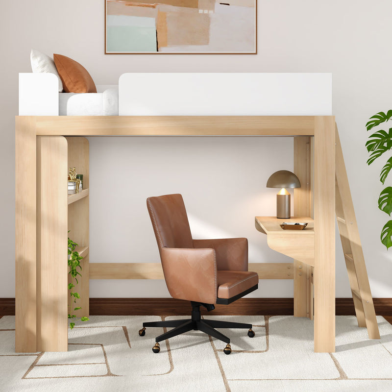 Light wood loft bed with integrated desk and shelving under-bed workspace, brown leather swivel office chair, modern brass desk lamp and ladder in a minimalist small-space home office bedroom setup