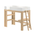 Natural wood kids loft bed with white guardrails, angled ladder and integrated shelving — space-saving modern children's bed for small bedrooms