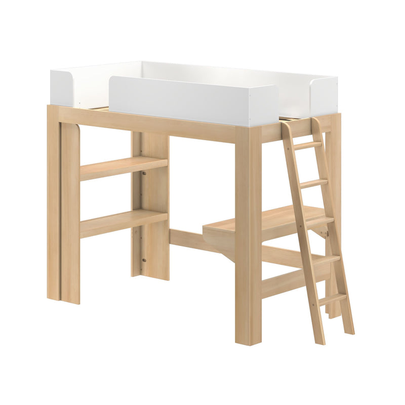 Natural wood kids loft bed with white guardrails, angled ladder and integrated shelving — space-saving modern children's bed for small bedrooms