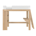 Natural wood loft bed with white guardrail, integrated desk, shelving and angled ladder — space-saving kids' bedroom furniture