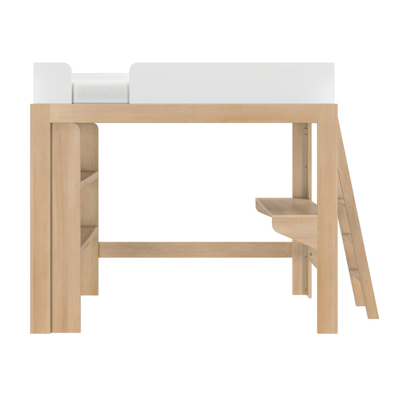 Natural wood loft bed with white guardrail, integrated desk, shelving and angled ladder — space-saving kids' bedroom furniture