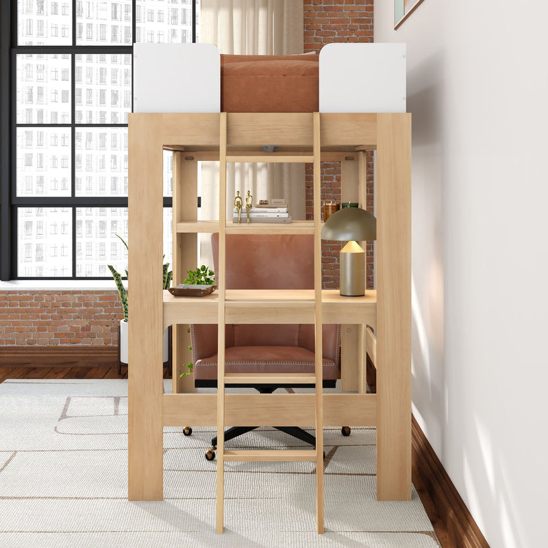 Space-saving wooden loft bed with built-in desk and ladder, leather office chair, lamp and plants in a sunlit industrial apartment with large grid window and exposed brick