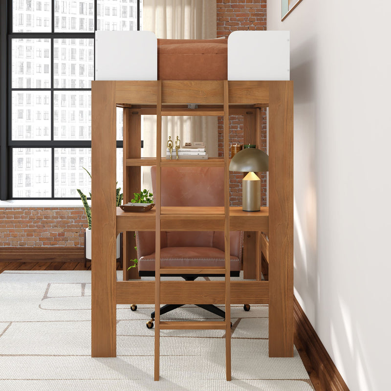 Wood loft bed with built-in desk and shelving, leather office chair, ladder and lamp in industrial loft with exposed brick and large window