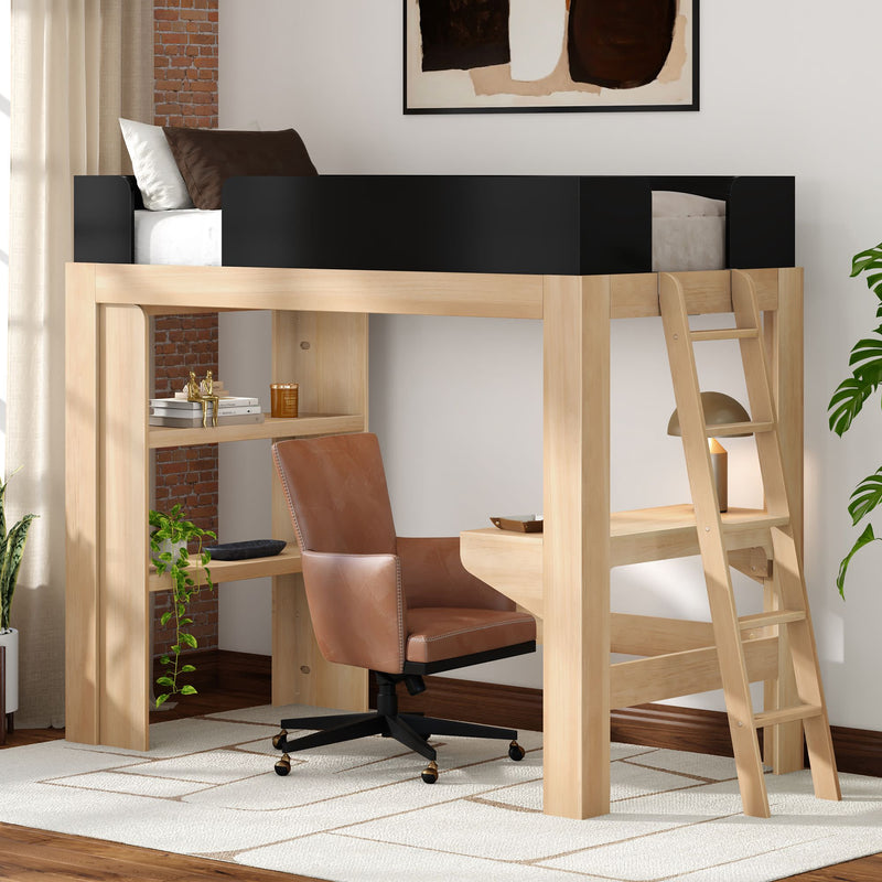 Light wood loft bed with built-in desk and ladder, black guardrail, shelving and leather office chair in a modern space-saving bedroom