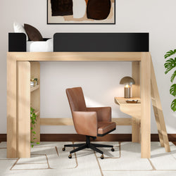 Modern light-wood loft bed with built-in desk and ladder, brown leather swivel chair, brass desk lamp and shelving — small-space bedroom workspace