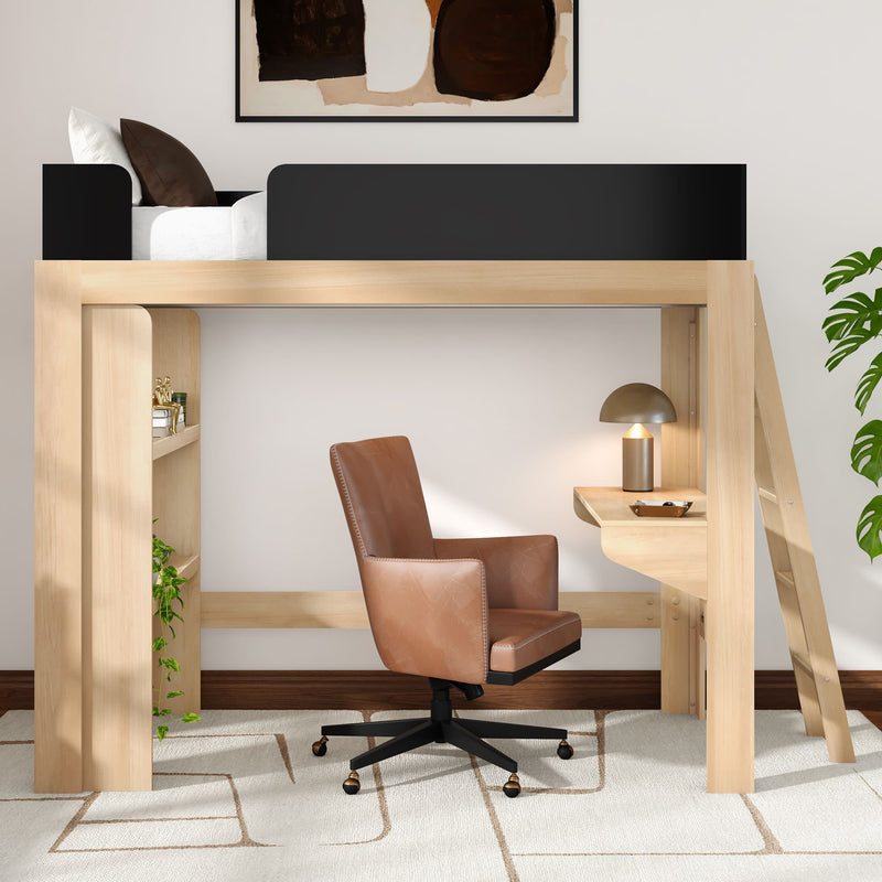 Modern light-wood loft bed with built-in desk and ladder, brown leather swivel chair, brass desk lamp and shelving — small-space bedroom workspace