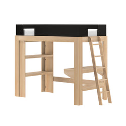 Light natural wood loft bed with black guardrail, angled ladder and built-in shelves, space-saving children's bedroom furniture