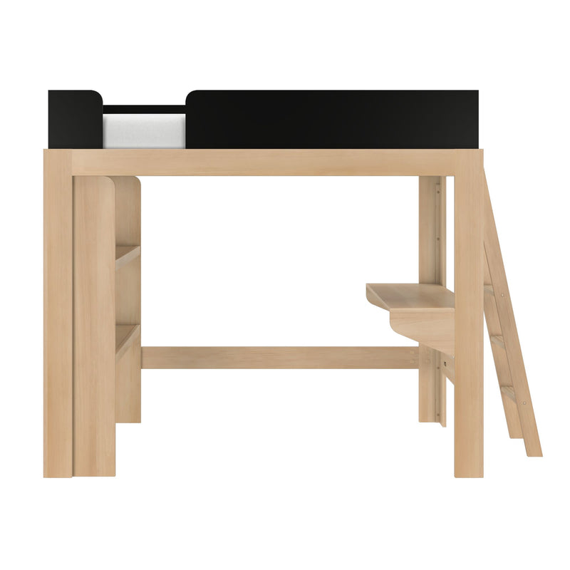 Natural wood single loft bed with black safety rail, integrated ladder and shelving, space-saving kids loft bed with under-bed study area